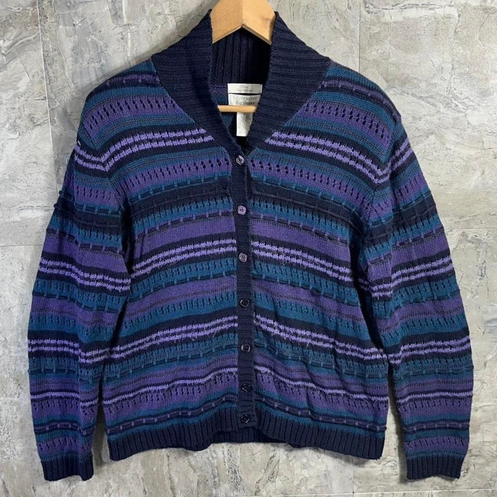Vintage Y2K Christopher Banks Purple Blue Striped Cardigan Hand Embroidered Sz M